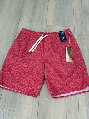Fair Harbor Red Wave-Pattern Swim Trunks with Drawstring
